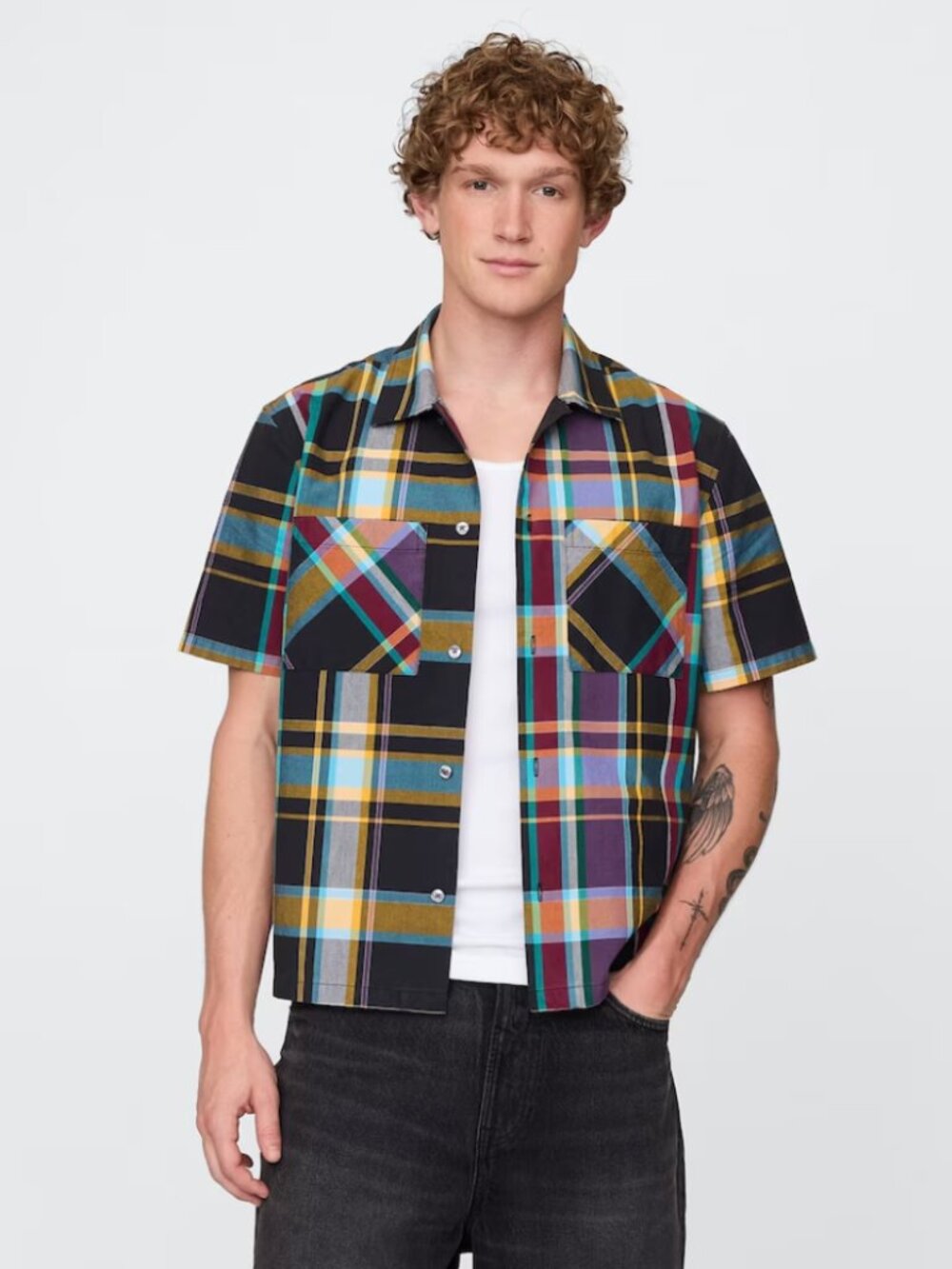 NWT GAP Men’s Multi-Color Plaid Short Sleeve Cotton Button Down Boxy 90s Style L